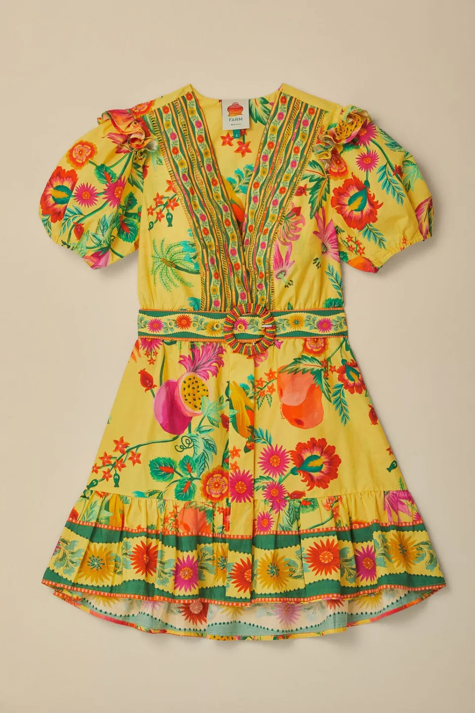 FARM Rio Yellow Delicate Fruit Garden Organic Cotton Mini Dress Hot