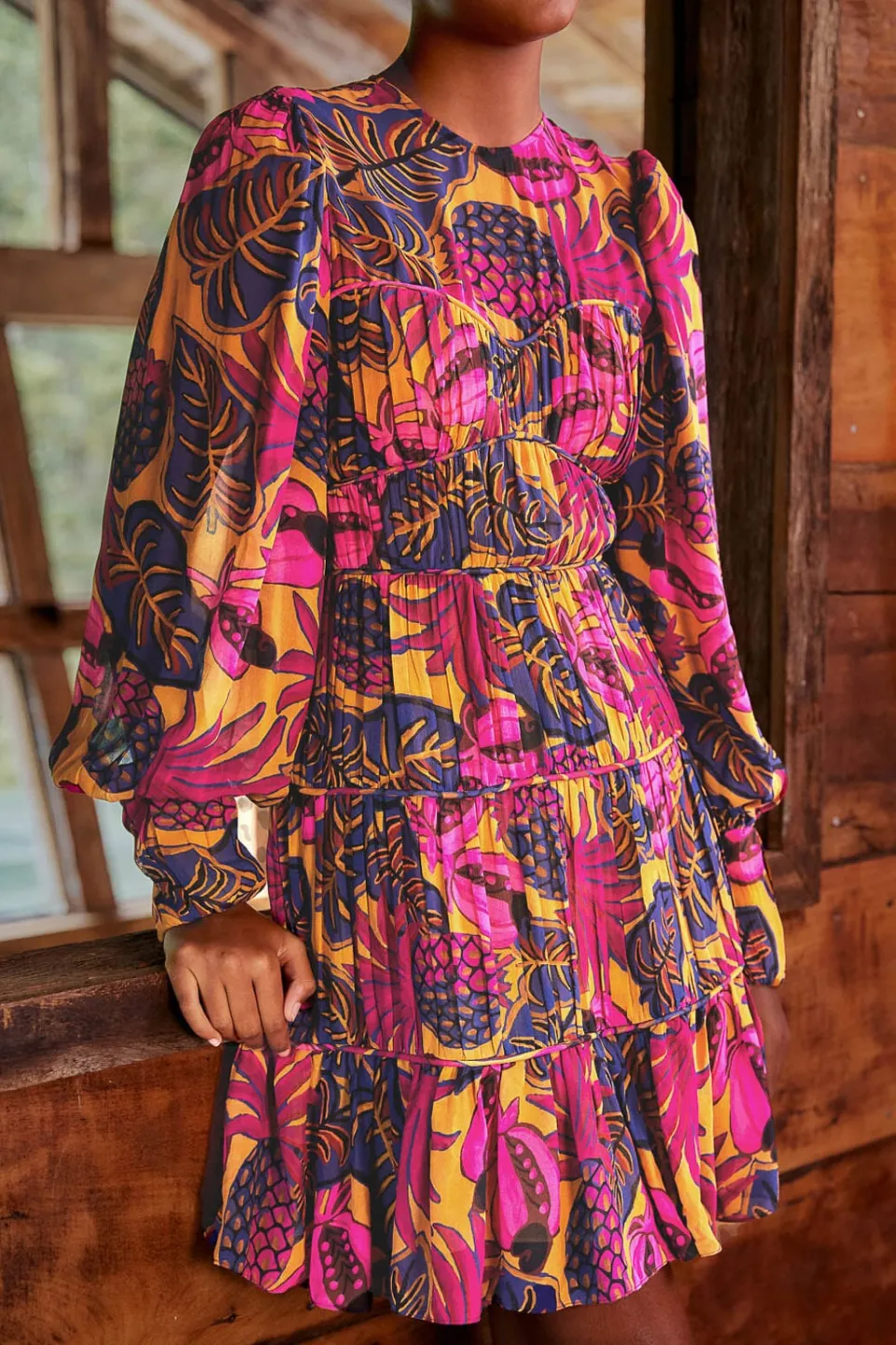 FARM Rio Yellow Fruit Dream Long Sleeve Mini Dress Clearance