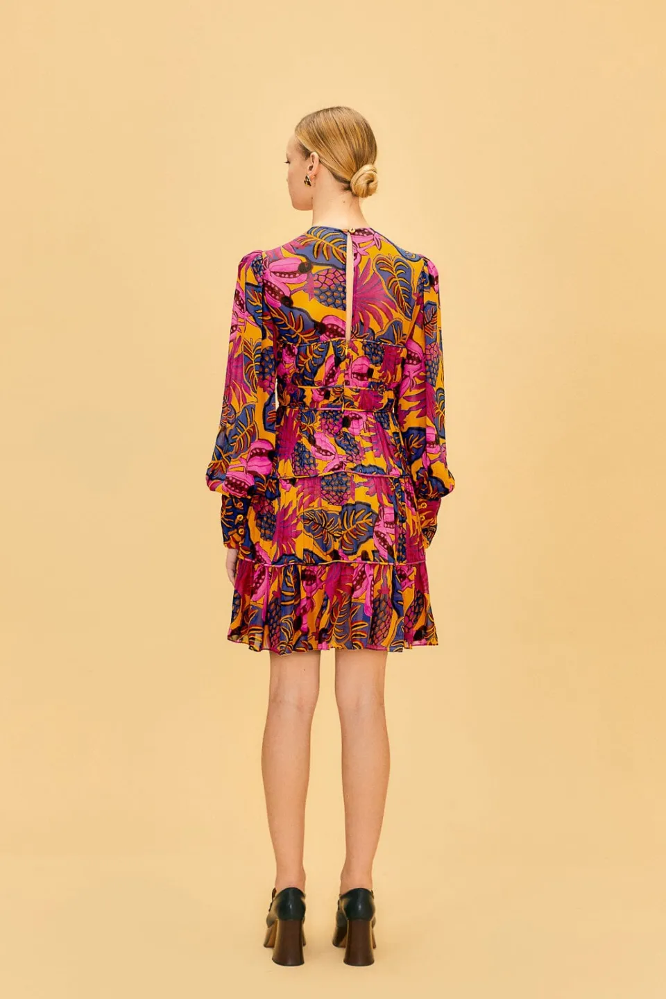 FARM Rio Yellow Fruit Dream Long Sleeve Mini Dress Clearance