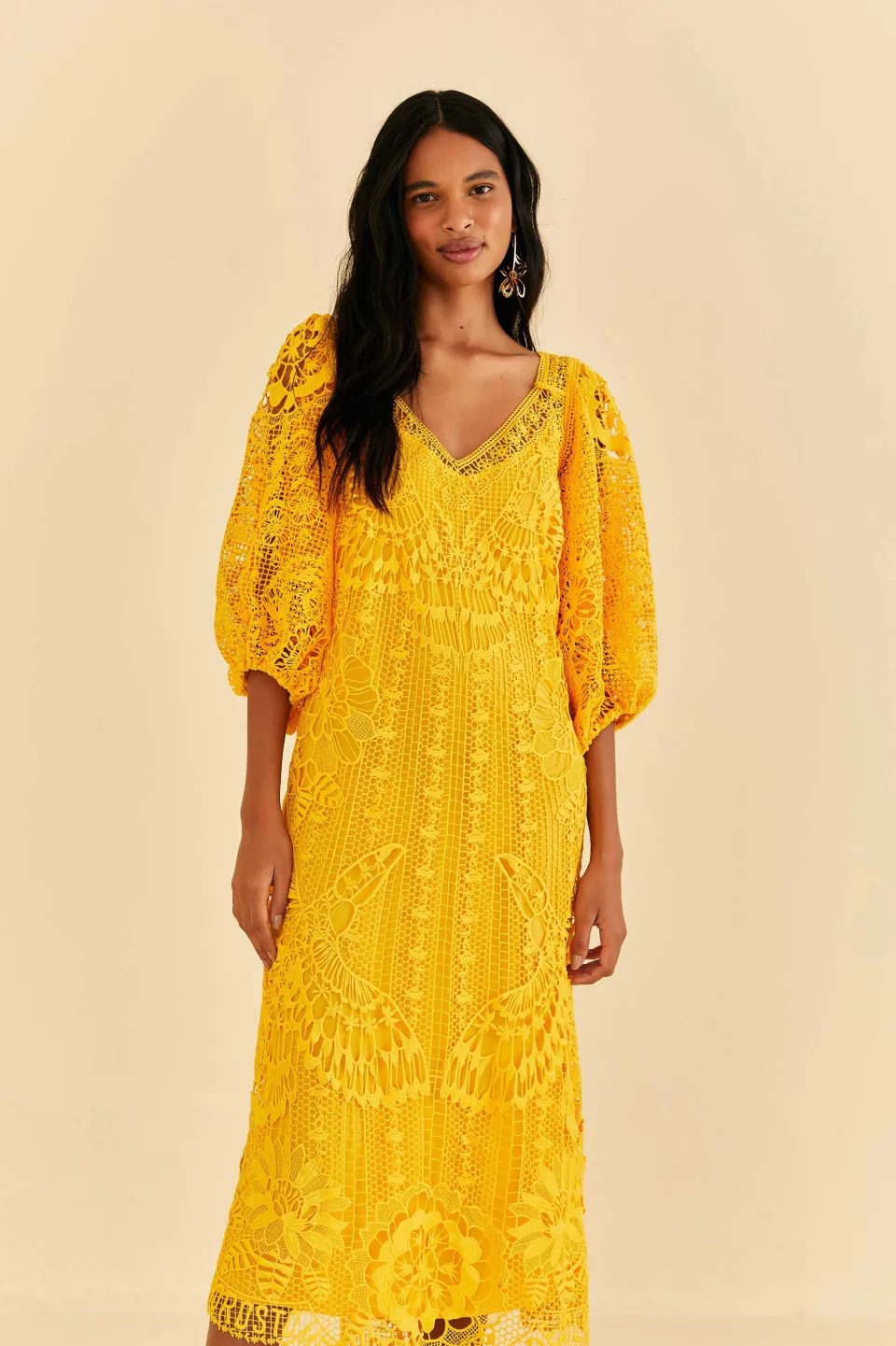FARM Rio Yellow Guipure Midi Dress