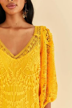 FARM Rio Yellow Guipure Midi Dress