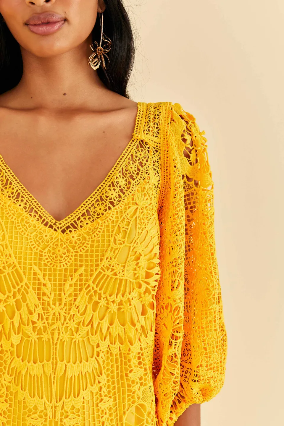FARM Rio Yellow Guipure Midi Dress