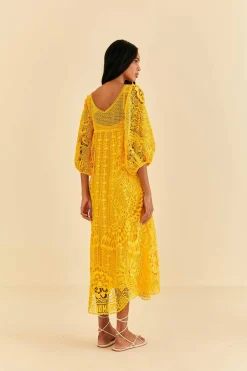 FARM Rio Yellow Guipure Midi Dress