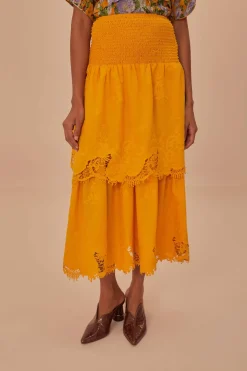 FARM Rio Yellow Mustard Tiered Lace Midi Skirt Outlet
