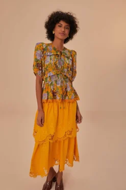 FARM Rio Yellow Mustard Tiered Lace Midi Skirt Outlet