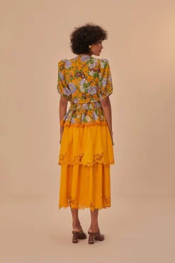 FARM Rio Yellow Mustard Tiered Lace Midi Skirt Outlet