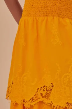 FARM Rio Yellow Mustard Tiered Lace Midi Skirt Outlet