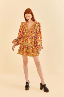 FARM Rio Yellow Palms Party Ruffle Blouse New