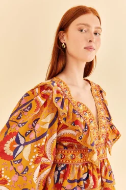 FARM Rio Yellow Palms Party Ruffle Blouse New