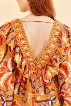 FARM Rio Yellow Palms Party Ruffle Blouse New