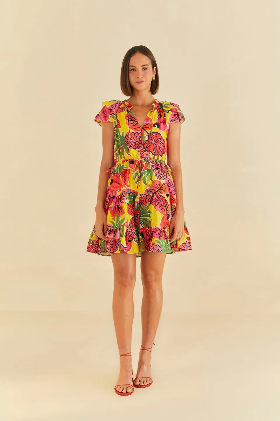 FARM Rio YELLOW RUFFLE DRESS | Mini | Fruit Dream Print Discount